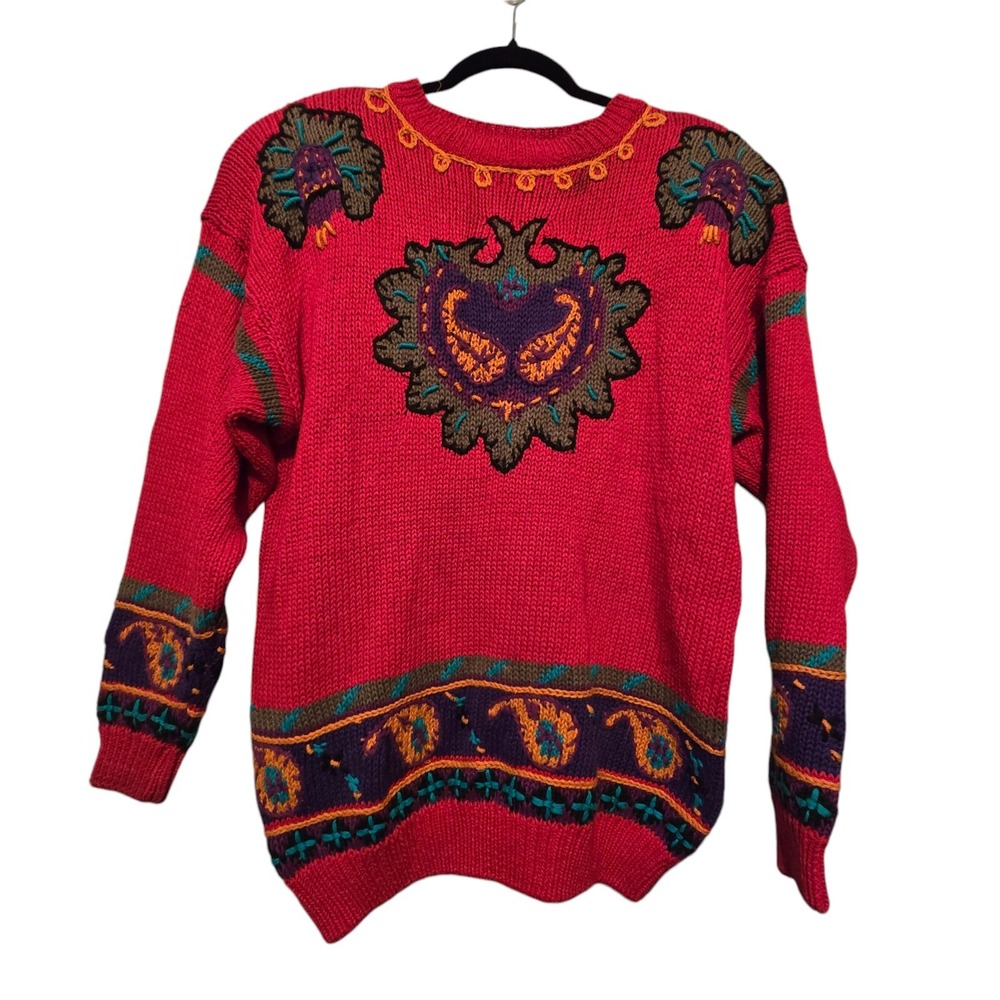 Vtg Rebecca Stone Sweater LG Chunky Knit Paisley Embroidered Grandma Artsy Y2K